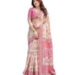 Handloom Cotton Floral Printed Saree with Tassels on Edges & Attached Blouse Piece | 5.5 Meter Saree + 0.8 Meter Blouse