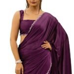 Women's Silk Stone Work Farewell Plain Saree with Blouse Piece | Scalloped Cut Work Border